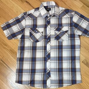Gioberti Blue and White Plaid Snap Pearl Button Down Short Sleeve Shirt Large